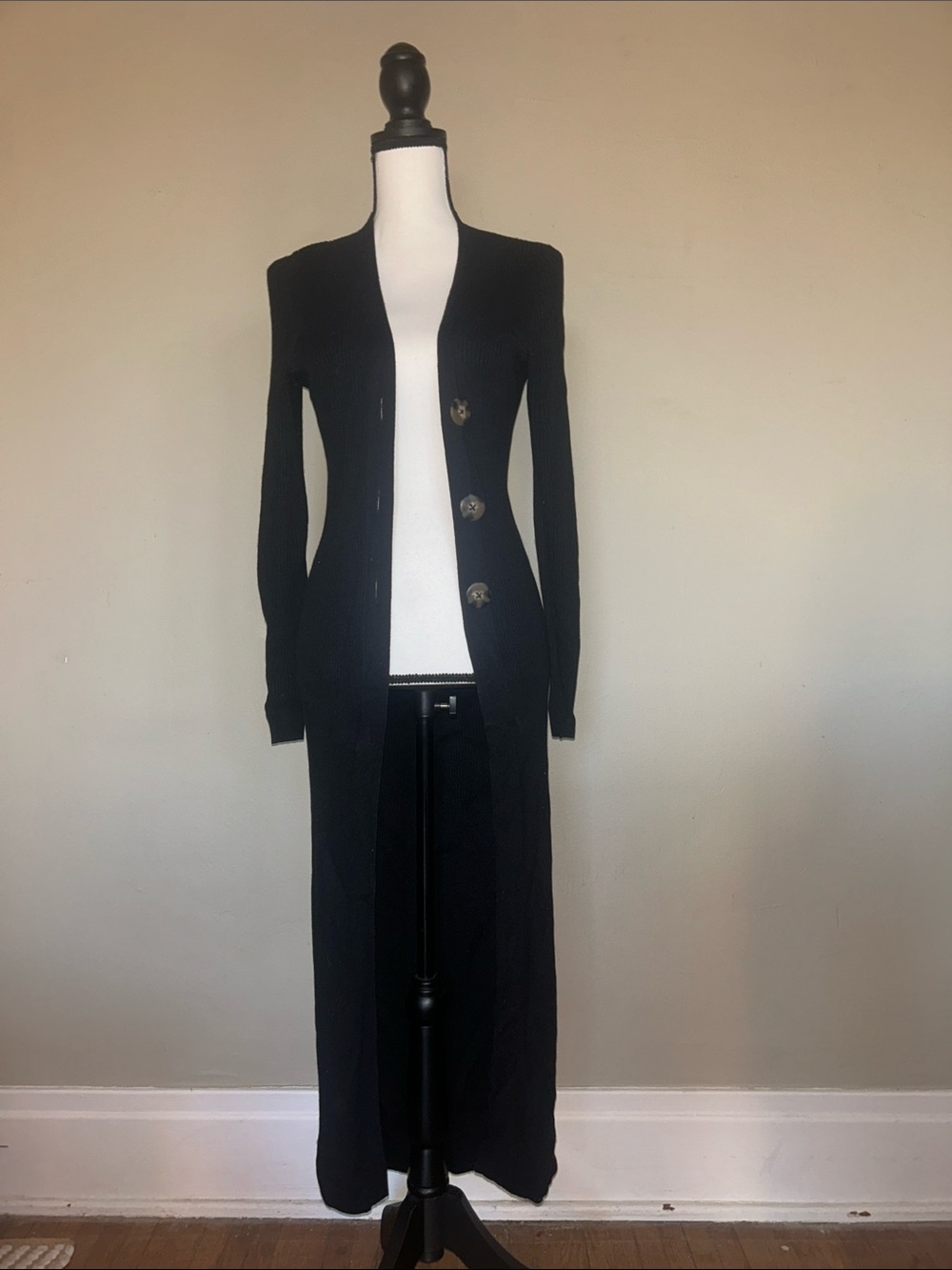 Willow Black Long Ribbed Button-Front Cardigan